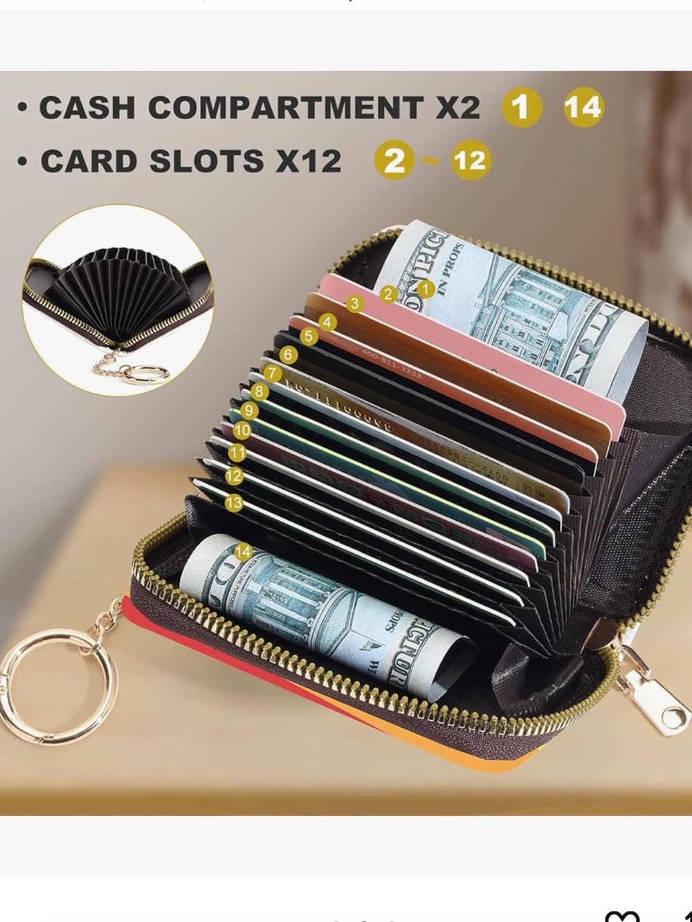 Credit Card Holder for Women,Small Rfid Wallet with Keychain Zipper,PU Leather - Picture 4 of 6